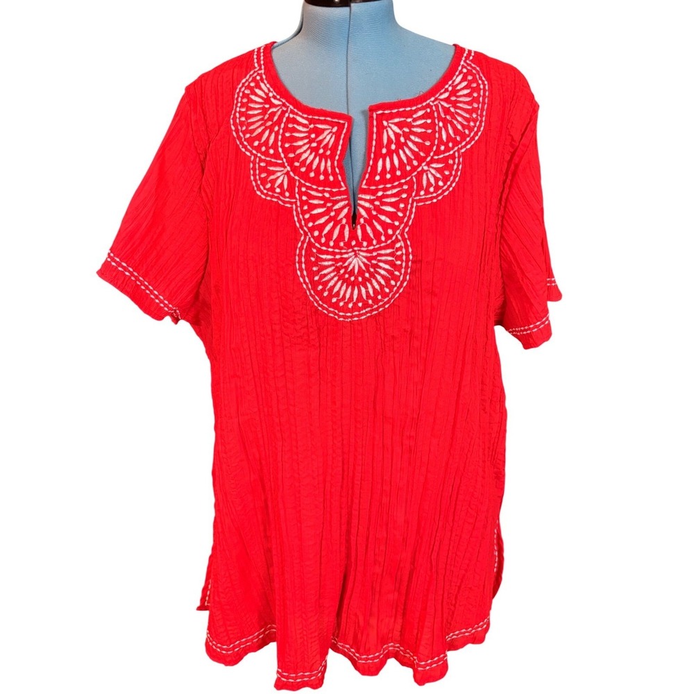 Cato Woman Red Crinkle Knit Embroidered Split Neck Tunic Top Plus Size 26/28W